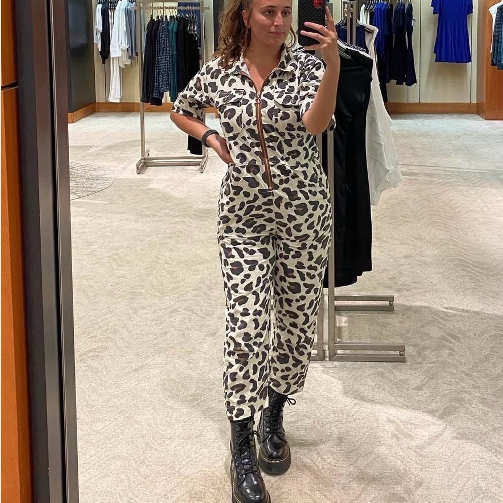 Urban Outfitters White and Black Leopard Utility Jumpsuit